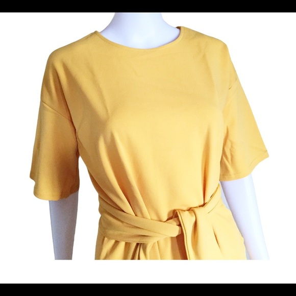 NWT BOOHOO Structured Tie Waist Dress With Scoop Neck Mustard Yellow Size 4 - Picture 7 of 12
